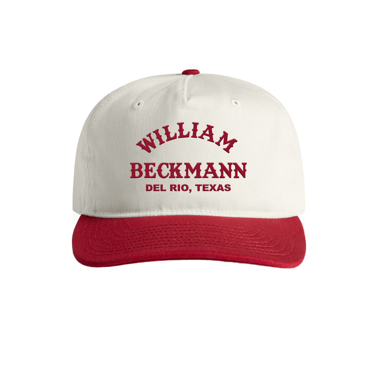 White cap with red brim and text on a white background