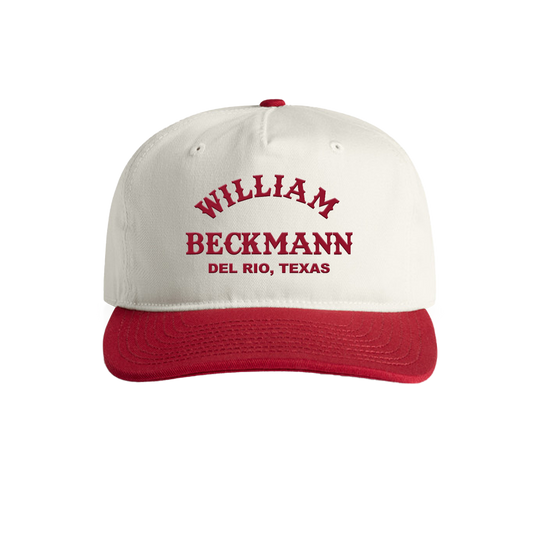 White cap with red brim and text on a white background